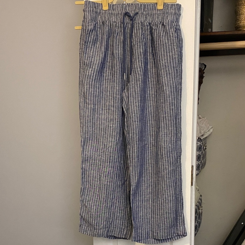 Quince 100%European Linen pants. Blue and white striped.